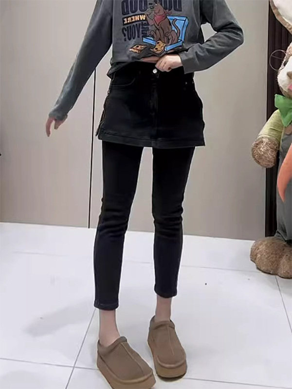 黑色高腰显瘦小脚裤裙女春秋欧货大码小个子弹力修身九分牛仔裤子