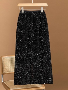 亮片半身裙女秋冬欧货新款大码女装高级感胖mm显瘦高腰遮胯a字裙