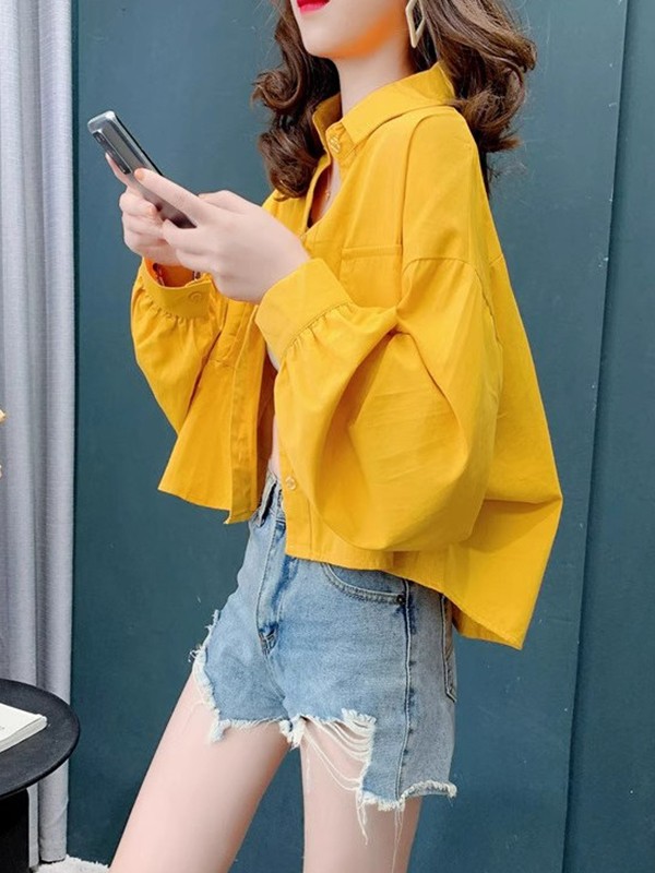 黄色polo领长袖衬衫女春秋欧货宽松短款衬衣外套防晒服开衫上衣