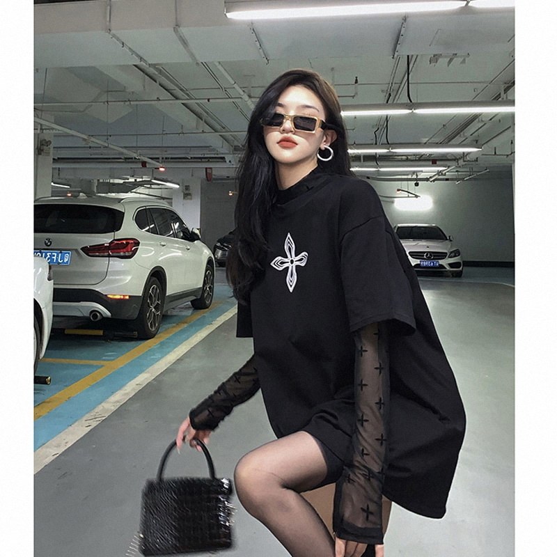 欧货大版短袖T恤女夏季微透黑色长袖网纱打底小衫中长款防晒上衣