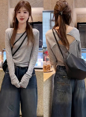 灰色圆领长袖T恤女秋冬欧货不对称露背设计感修身显瘦小众上衣