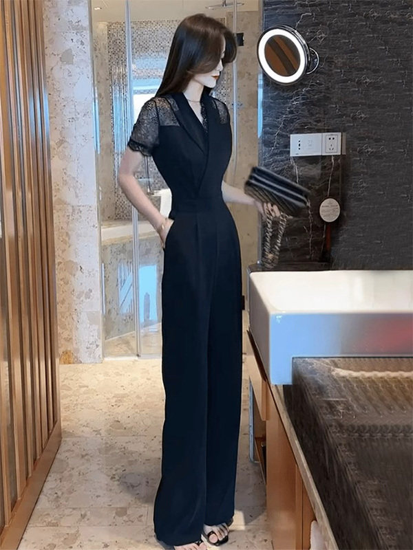 黑色V领蕾丝拼接连衣裤女夏季欧货新款时尚修身显瘦短袖连体长裤