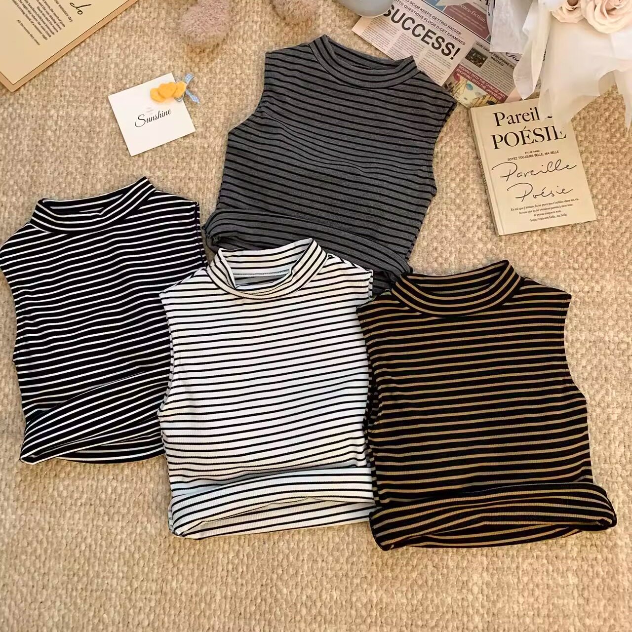 高领条纹小众美背吊带背心女外穿带胸垫弹力性感百搭打底无袖上衣