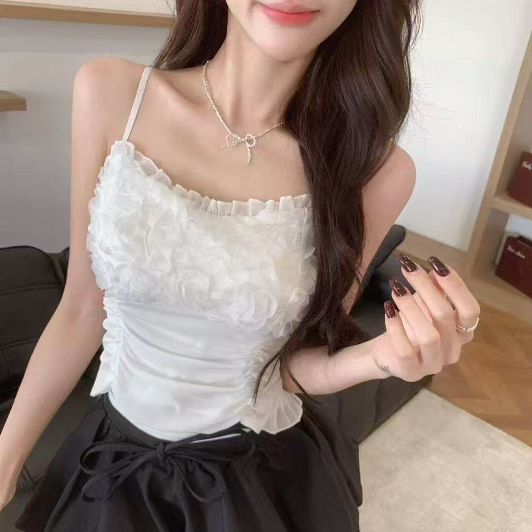 甜辣玫瑰花朵褶皱吊带背心女内搭带胸垫一体裹胸性感打底抹胸上衣