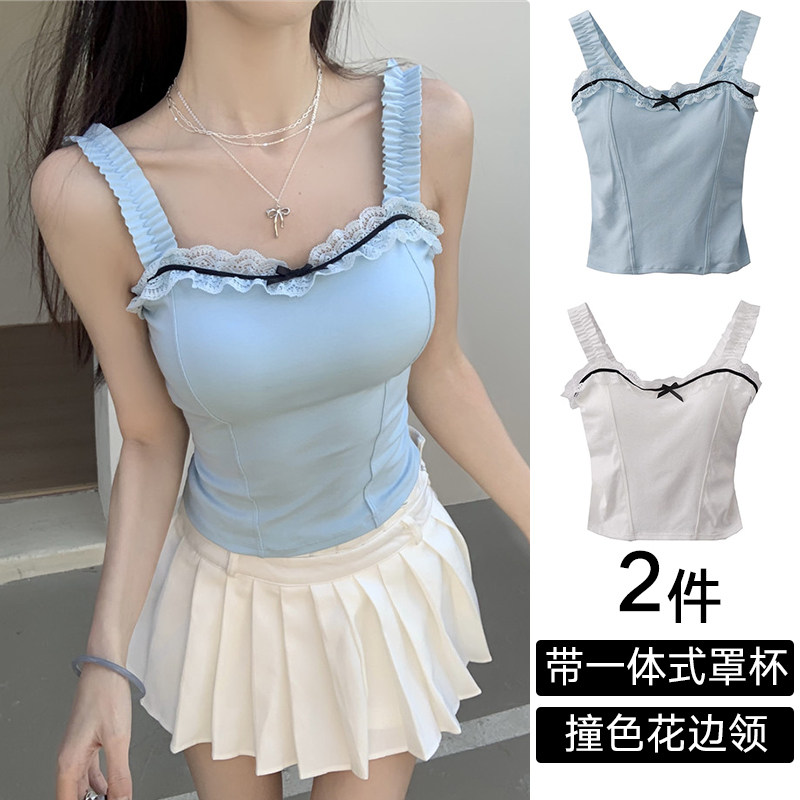 纯欲一字肩蝴蝶结花边吊带背心女
