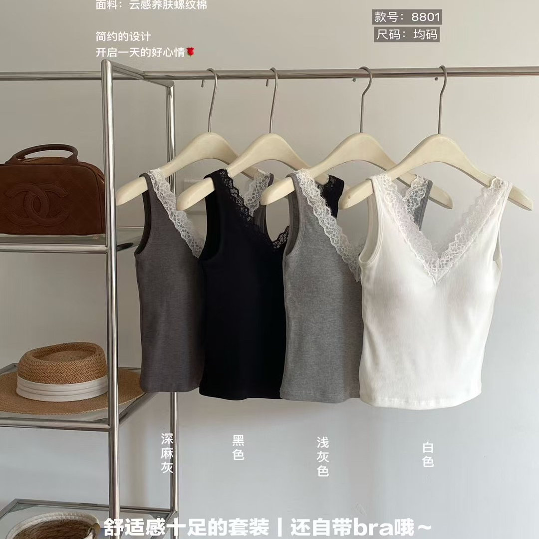 蕾丝花边V领美背吊带背心带胸垫
