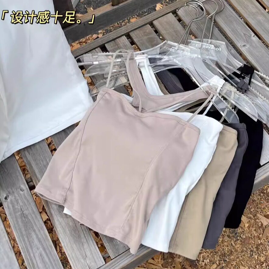 韩版交叉镂空领口美背吊带背心女百搭带胸垫一体内衣打底抹胸上衣