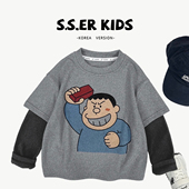 男女童假两件拼接软糯圆领卫衣秋冬韩版 宽松卡通休闲儿童上衣 长袖