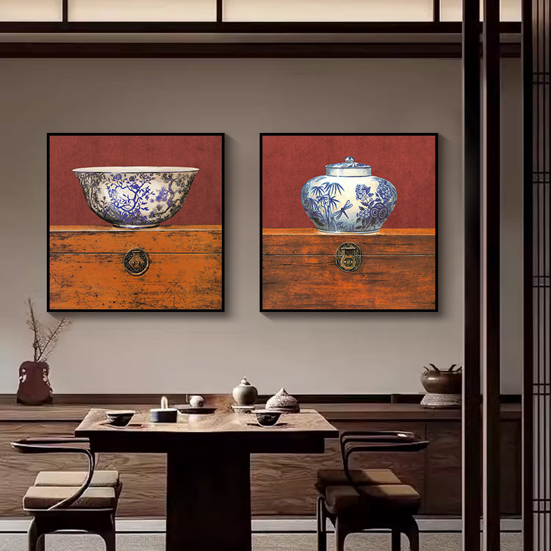 青花陶瓷中国风壁画艺术创意茶室挂画摆件客厅玄关复古个性装饰画