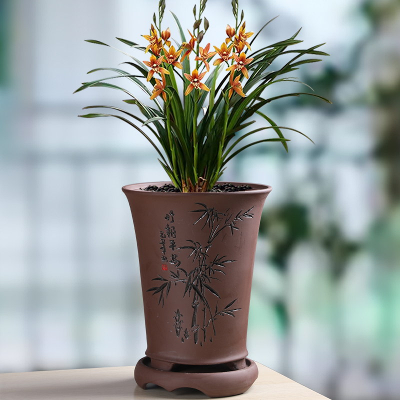 紫砂盆复古个性带托盘