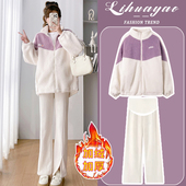 羊羔毛加绒加厚外套上衣两件套2026新款 孕妇套装 紫宽松中长款 秋冬