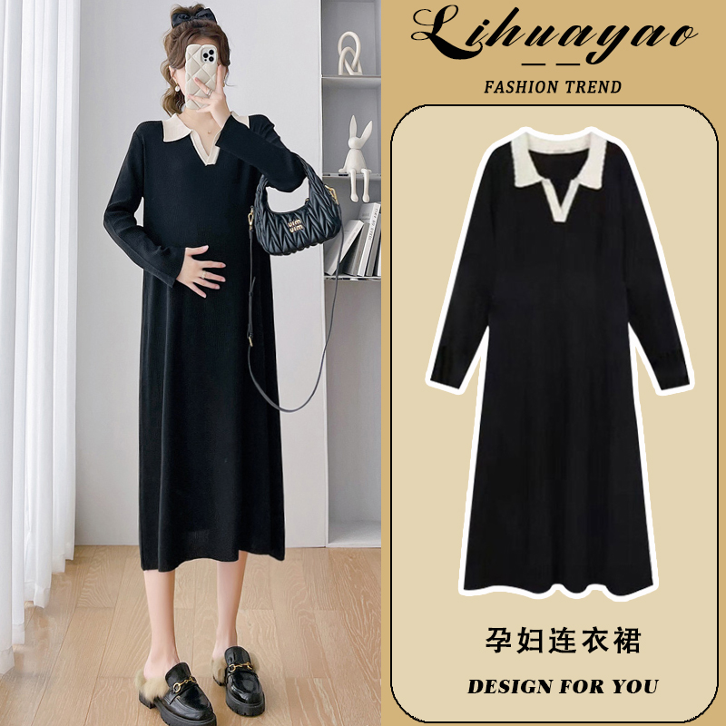 孕妇连衣裙黑色POLO领一件穿到生
