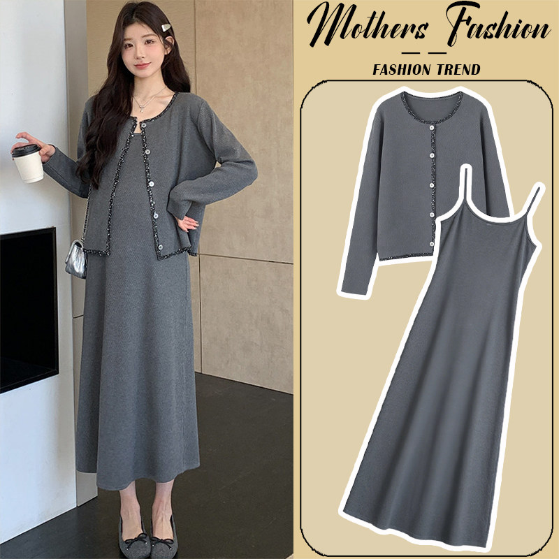 孕妇连衣裙套装春秋2026新款灰色亮片拼接开衫吊带裙高级感两件套,孕妇装/孕产妇用品/营养,连衣裙,淘宝优惠券,粉丝福利购,淘宝优惠卷