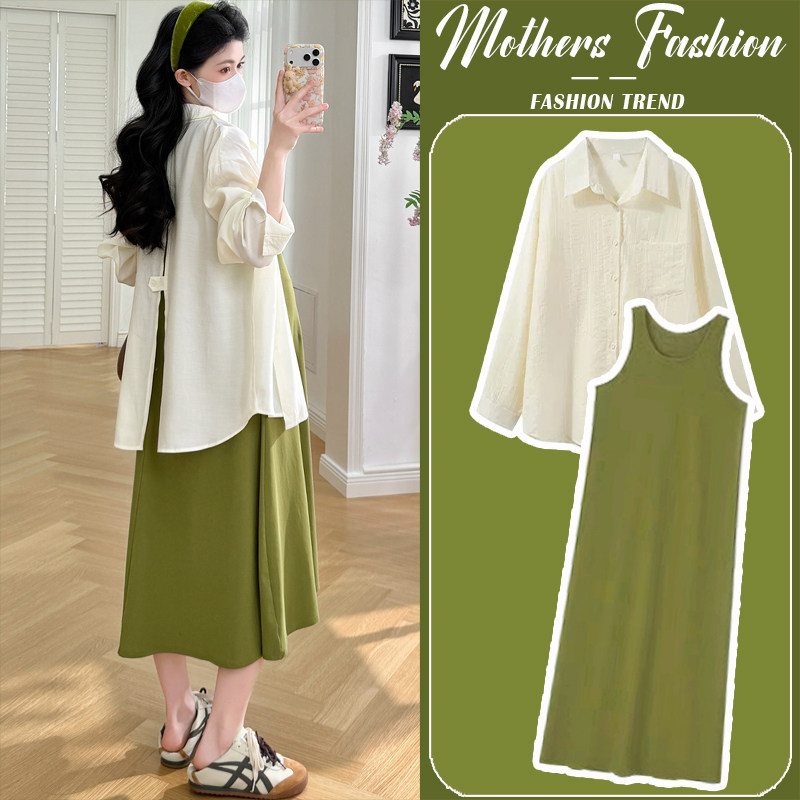 孕妇连衣裙套装春秋2026新款韩版高级感绿色背心裙开叉衬衫两件套,孕妇装/孕产妇用品/营养,连衣裙,淘宝优惠券,粉丝福利购,淘宝优惠卷