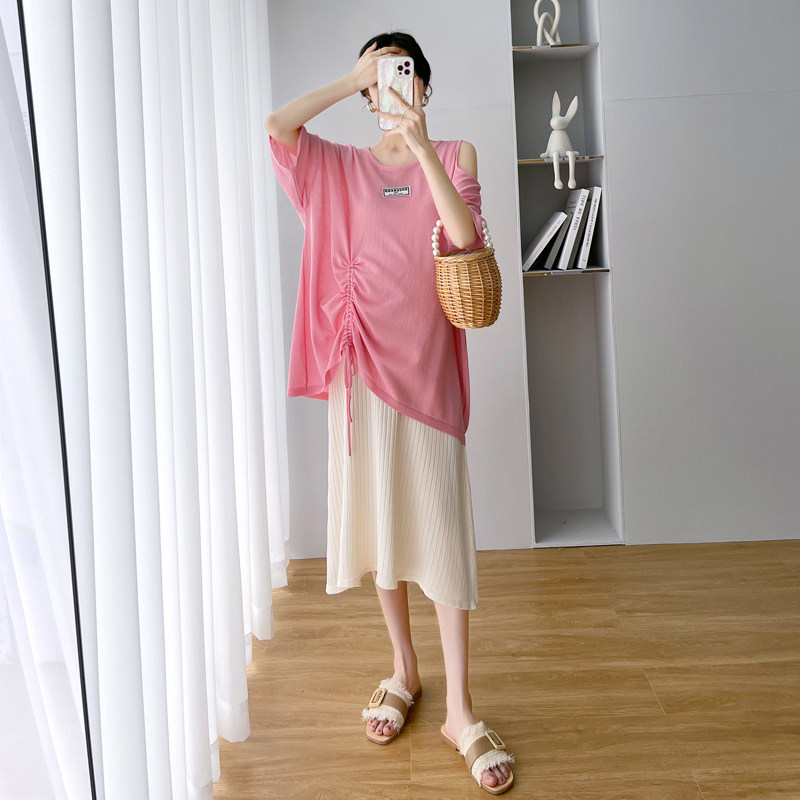 孕妇连衣裙女夏季潮妈薄款冰丝针织上衣两件套吊带裙长裙夏装套装图片