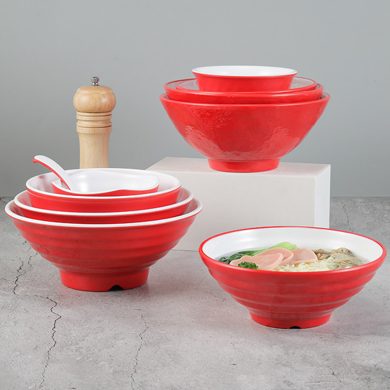 北欧密胺红白面碗牛肉汤粉碗塑料麻辣烫大碗商用早餐粥碗米饭碗