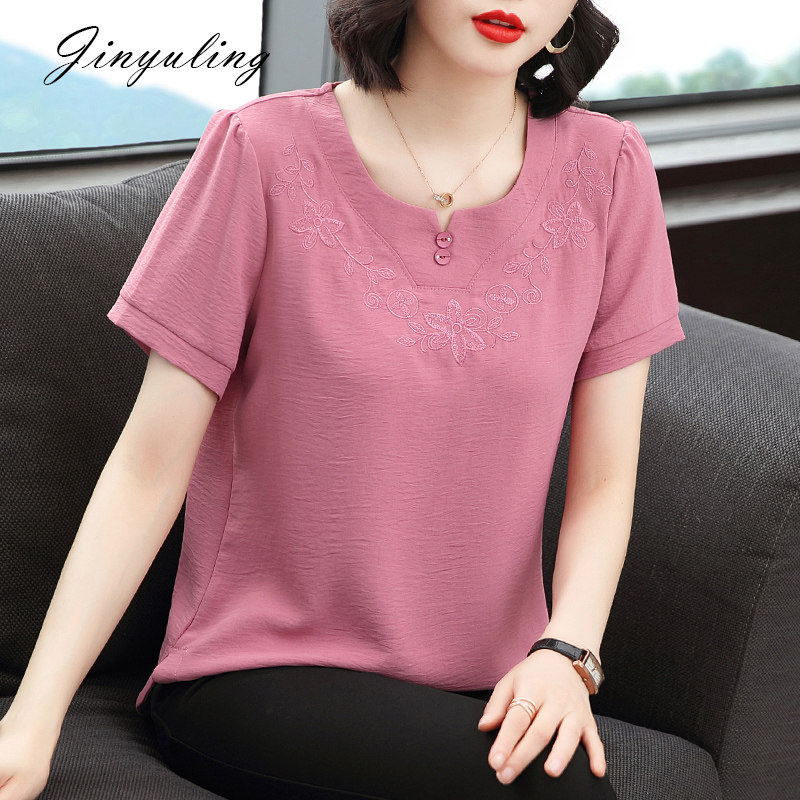 短袖雪纺衫女2022夏季新款遮肚子小衫女减龄妈妈夏装半袖中年上衣