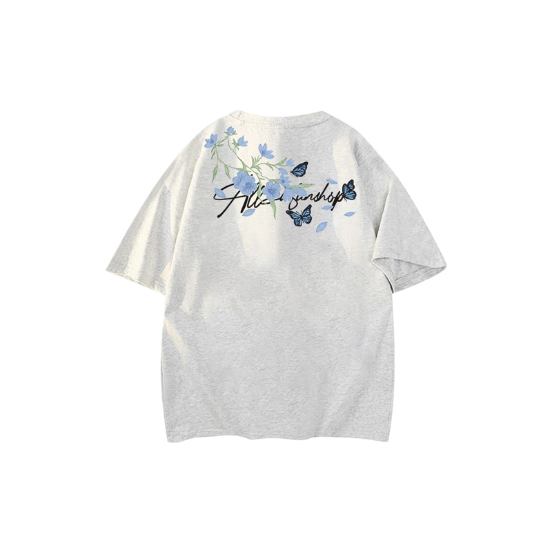 美式复古植物花卉蝴蝶仿刺绣花体字母印花纯棉短袖T恤 n