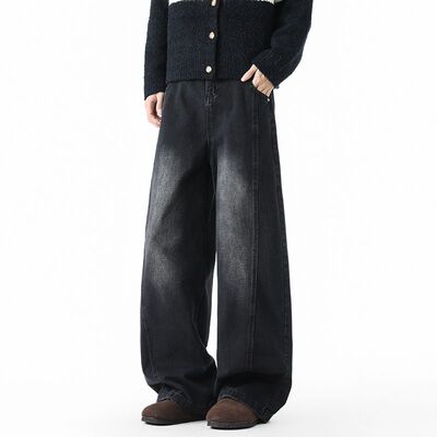 复古弯刀阔腿牛仔裤男秋季潮牌水洗做旧百搭宽松