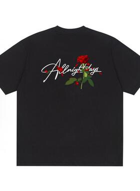 SMILE ISLAND 美式高街玫瑰花卉短袖T恤男女同款宽松休闲夏季印花