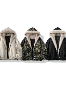 美式座山雕毛领短款棉服男款冬季保暖情侣棉衣外套男