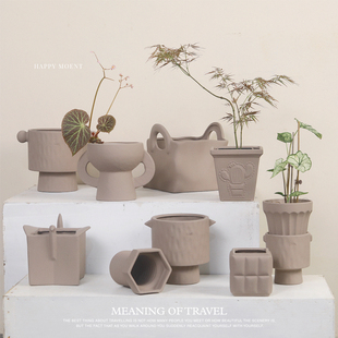 春花秋月北欧简约粗陶手绘画红陶土多肉摩卡色大口径蕨类植物花盆
