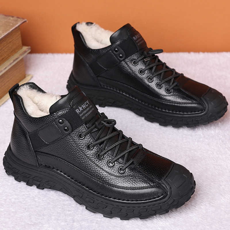 冬季真皮羊毛鞋高帮头层牛皮加绒加厚休闲保暖鞋男防滑耐磨棉皮鞋