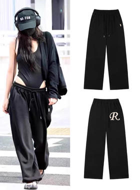 jennie同款韩系R字母刺绣休闲通勤百搭阔腿裤卫裤女宽松慵懒长裤