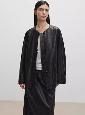 进口复古抓皱植鞣绵羊皮外套2026新款中式宽松显瘦真皮皮衣女