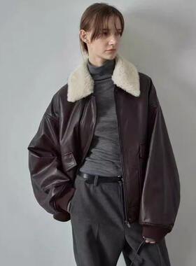 th Row 皮衣女2026春季新款可拆卸毛领廓形外套皮夹克上衣