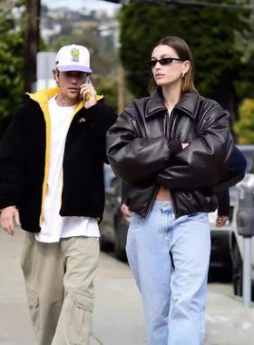 2026欧美海利同款翻领绵羊皮羽绒皮衣廓型真皮夹克女士短款外套潮