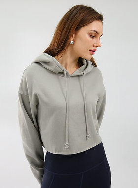 跨境亚马逊女运动卫衣春秋加绒套头连帽衫欧美个性露脐装长袖上衣