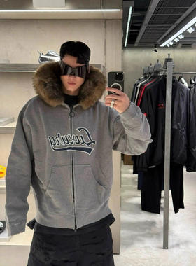 LUXURY字母贴布刺绣廓形大毛领拉链帽衫pp同款卫衣外套潮