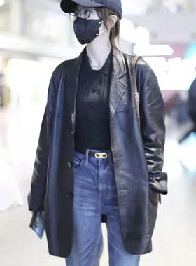 2026秋冬秦岚明星同款海宁真皮皮衣女中长款绵羊皮宽松西装领外套