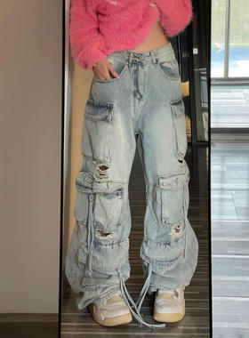 高街水洗重工风多口袋阔腿牛仔裤女街头设计感高腰小众直筒裤