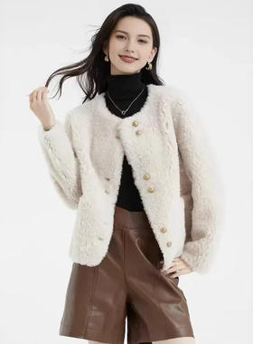 气质穿搭皮毛一体羊羔毛大衣2026秋冬新款圆领开衫小众年轻款外套