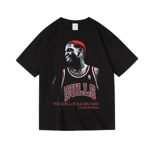 复古篮球印花公牛队罗德曼91号周边衣服纯棉圆领短袖印花T恤男女