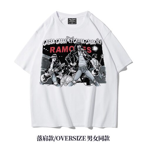 阿美咔叽美式重磅摇滚ramones雷蒙斯五分袖落肩款oversizeT恤男夏