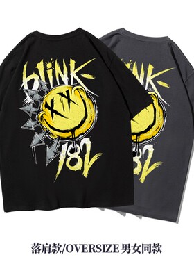美式ins高街重磅落肩五分袖oversize纯棉短袖T恤男女摇滚blink182
