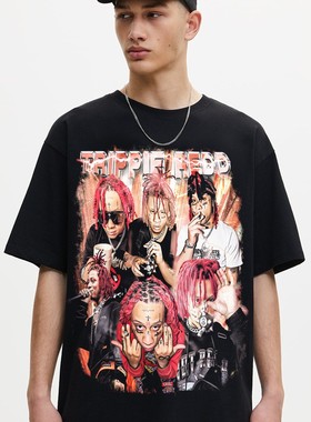 trippie redd嘻哈歌手潮牌周边夏纯棉宽松落肩oversize五分袖T恤
