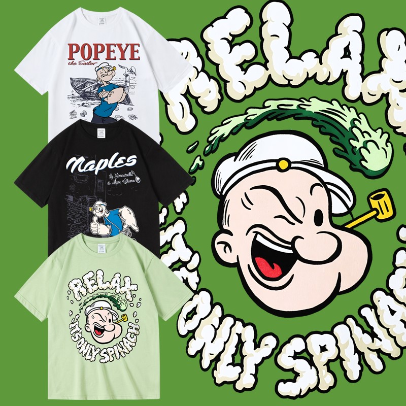 美式卡通大力水手街头潮牌印花短袖纯棉夏季男女同款圆领套头T恤
