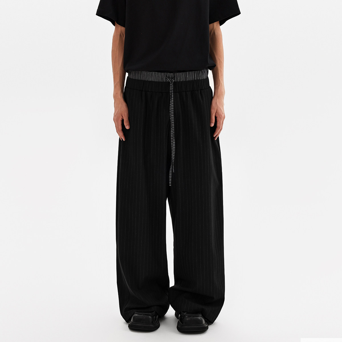 ESAT 双腰头抽绳拼接黑色条纹宽松西裤休闲长裤,男装,西裤,淘宝优惠券,粉丝福利购,淘宝优惠卷