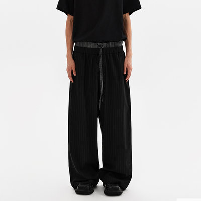 ESAT 双腰头抽绳拼接黑色条纹宽松西裤休闲长裤