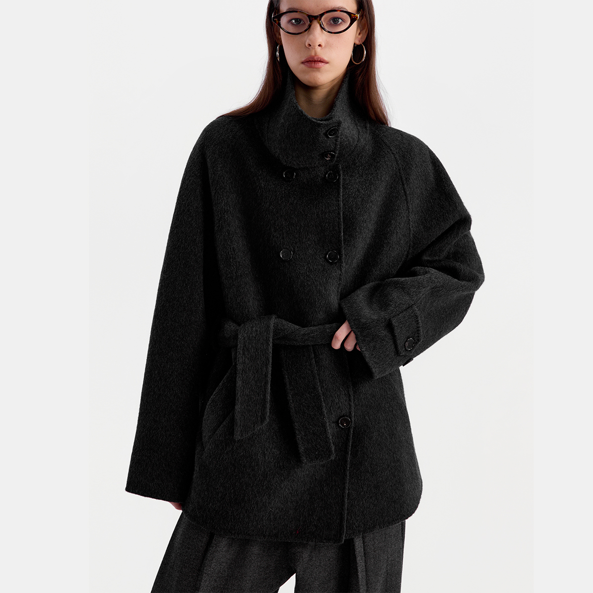 ESAT 100羊毛双面呢子腰带立领连肩袖大衣