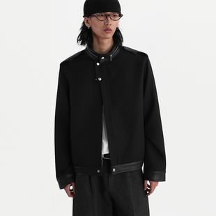 ESAT 拼羊皮拉链立领暗门襟羊毛休闲外套