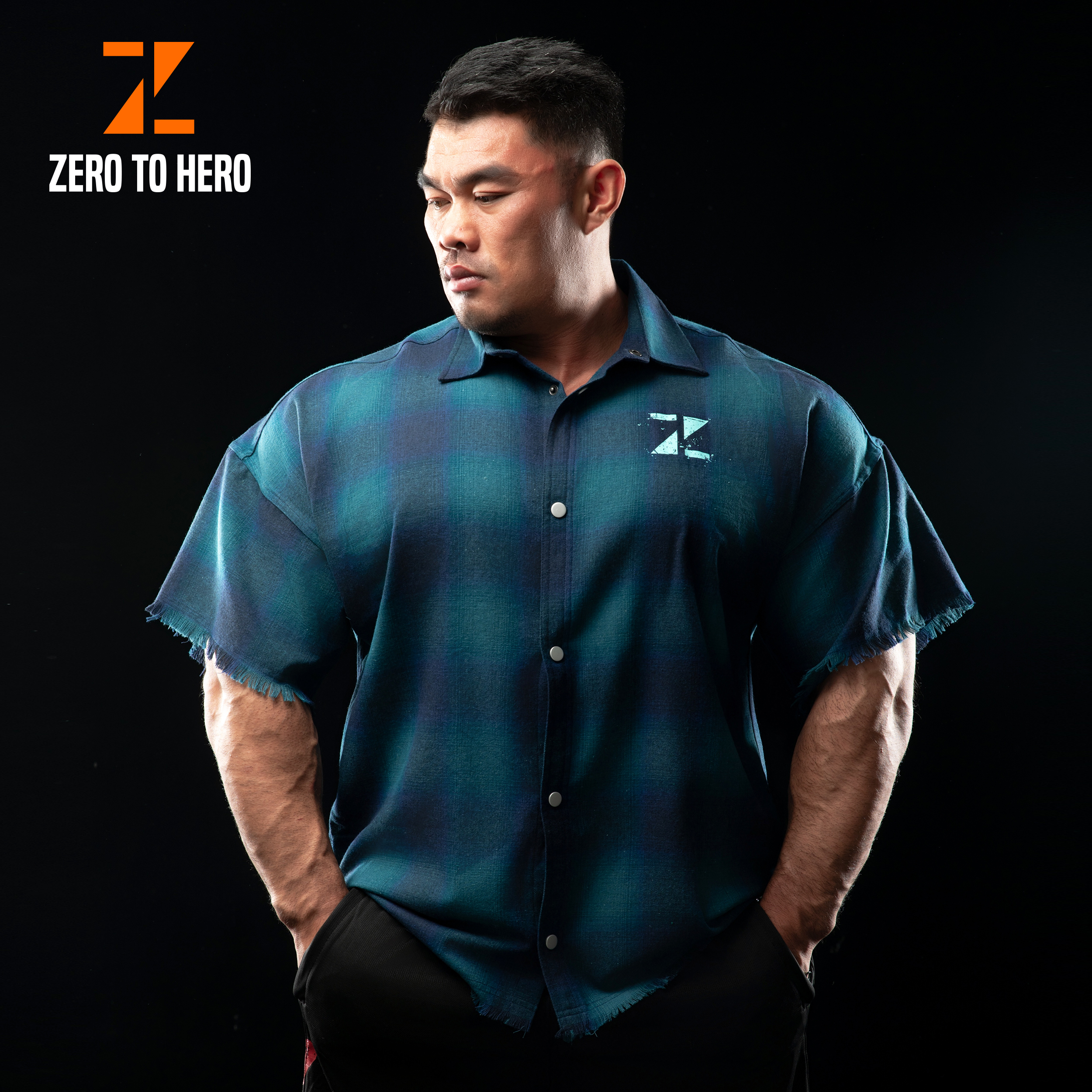 zerotohero运动格子衬衫健身纯棉短袖美式训练服健美宽松男士T恤