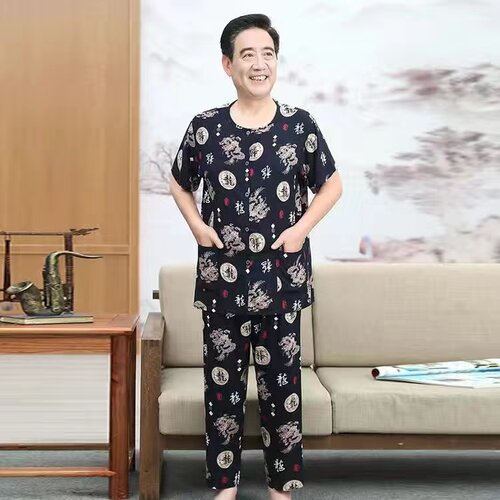 夏季爷爷短袖长裤睡衣男加肥大码