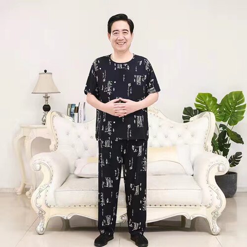 爷爷夏天短袖套头纯棉绸薄款睡衣