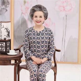 系扣女装 老太太夏天人造棉睡衣女长袖 老人奶奶开衫 套装 纯棉绸 长裤