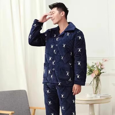爸爸冬天冬款睡衣男大码中年父亲加绒加厚法兰绒夹棉袄保暖外套装
